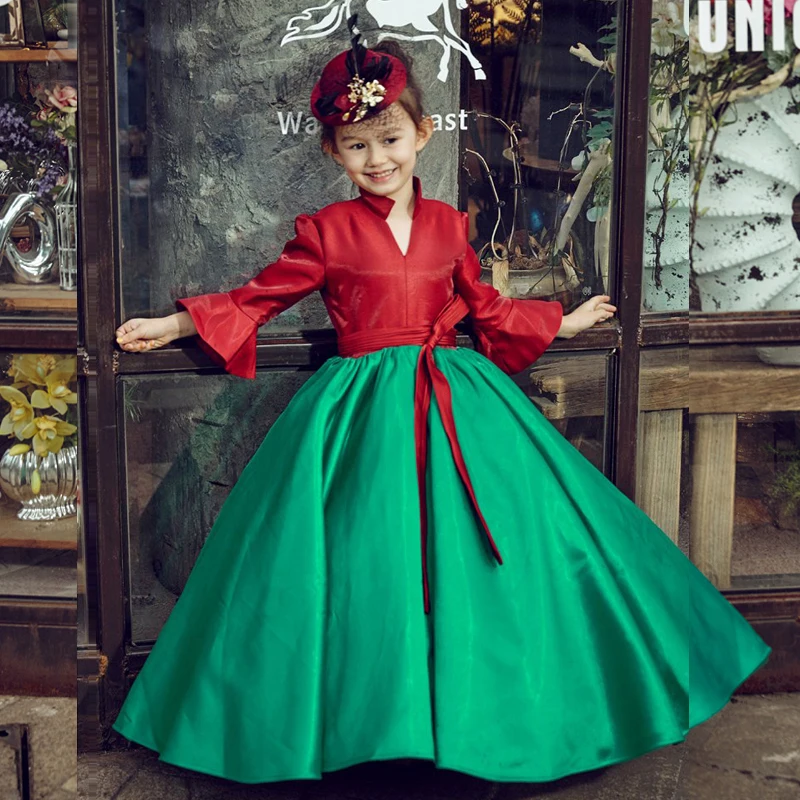 

Luxury Princess Girl Dress Big Ball Gown Half Sleeve Flower Girl Dress Korean Style Evening Party Dresses Silk Kids Pageant A111