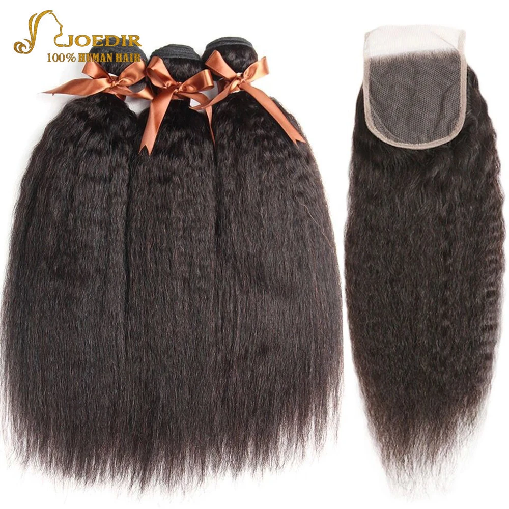 

Joedir Pre Colored Brazilian Kinky Straight Hair With Lace Closure Human Hair Weave Bundles With Closure With Baby Hair Non Remy