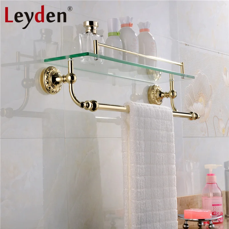 Leyden Luxury Brass Gold Single Tier Toilet Glass Bathroom Shelf with Towel Rack Bar Flower Carving Gold Base Bathroom Accessory-in Bathroom Shelves ... Leyden Luxury Brass Gold Single Tier Toilet Glass Bathroom Shelf with Towel Rack Bar Flower Carving Gold Base Bathroom Accessory-in Bathroom Shelves ...