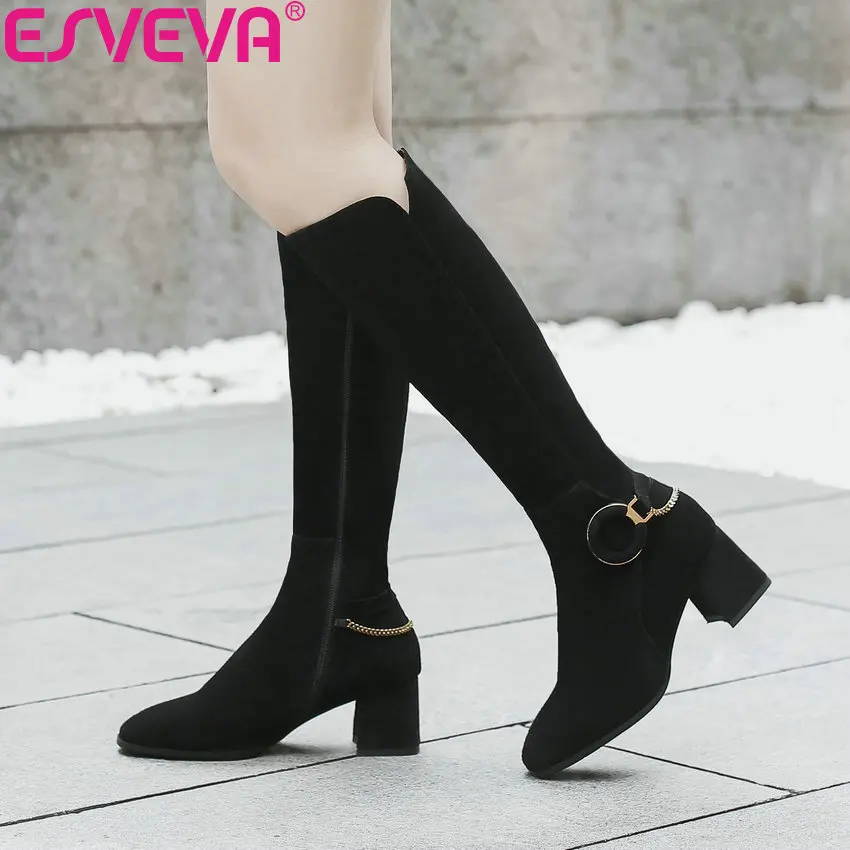 

ESVEVA 2019 Women Shoes Zip Round Toe PU Knee-high Boots Square Heels Elegant Buckle Snow Boots for Woman High Heels Size 34-43