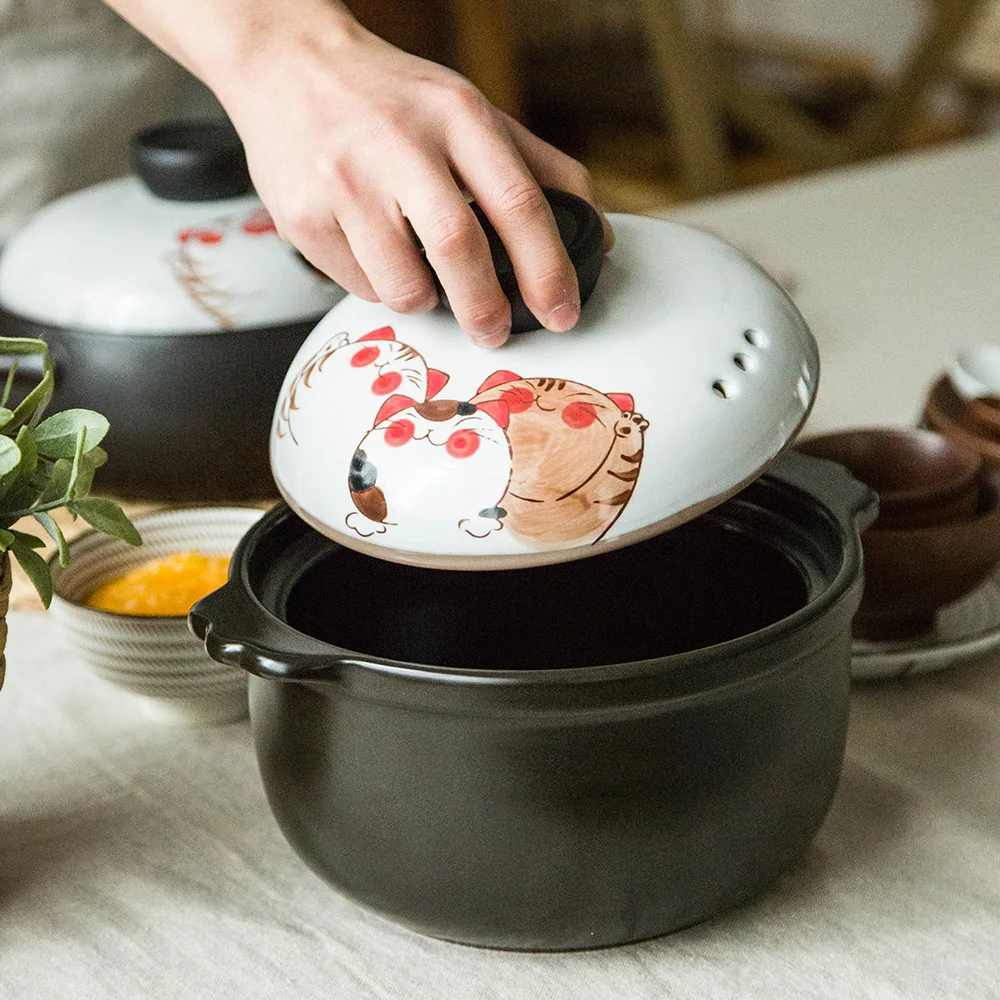 Домохозяйки очаровательны Cat ручная роспись керамических высокотемпературный молоко горшок супа рисом запеканка горшок тушить