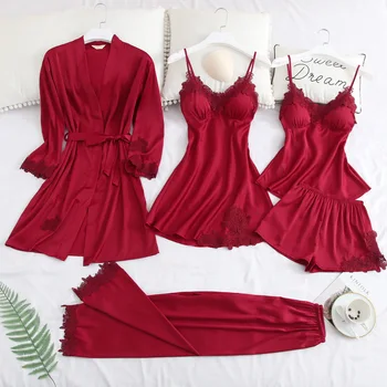 

Sexy Summer 5pcs Lady Lace Woman's Kimono Bathrobe Casual Sleepwear Belt Nightwear Bride Bridesmaid Wedding Robe Nightgown