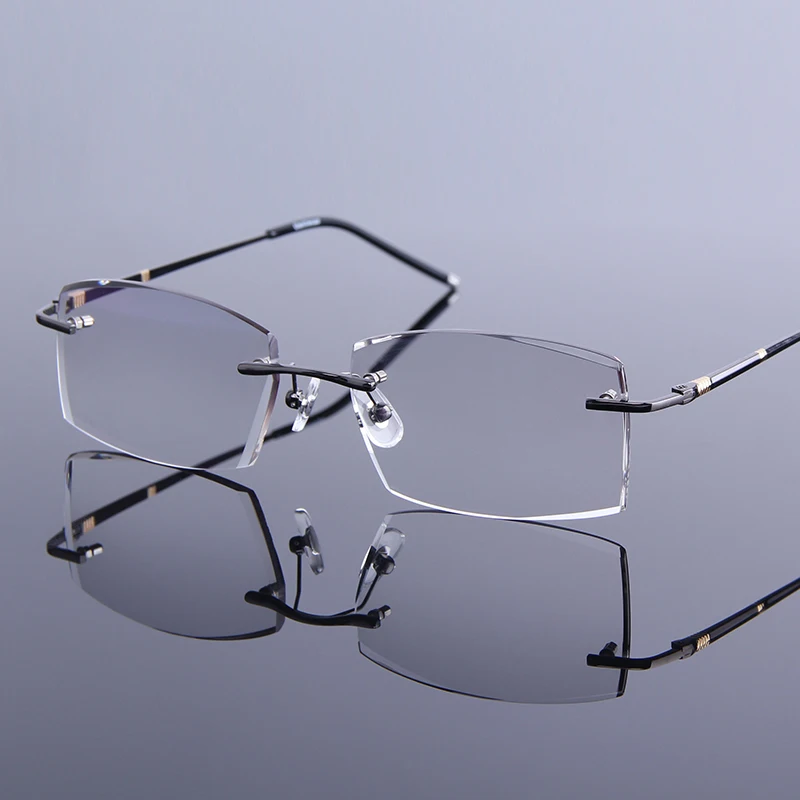 Lightweight rimless frame reading glasses men gradient gray lens