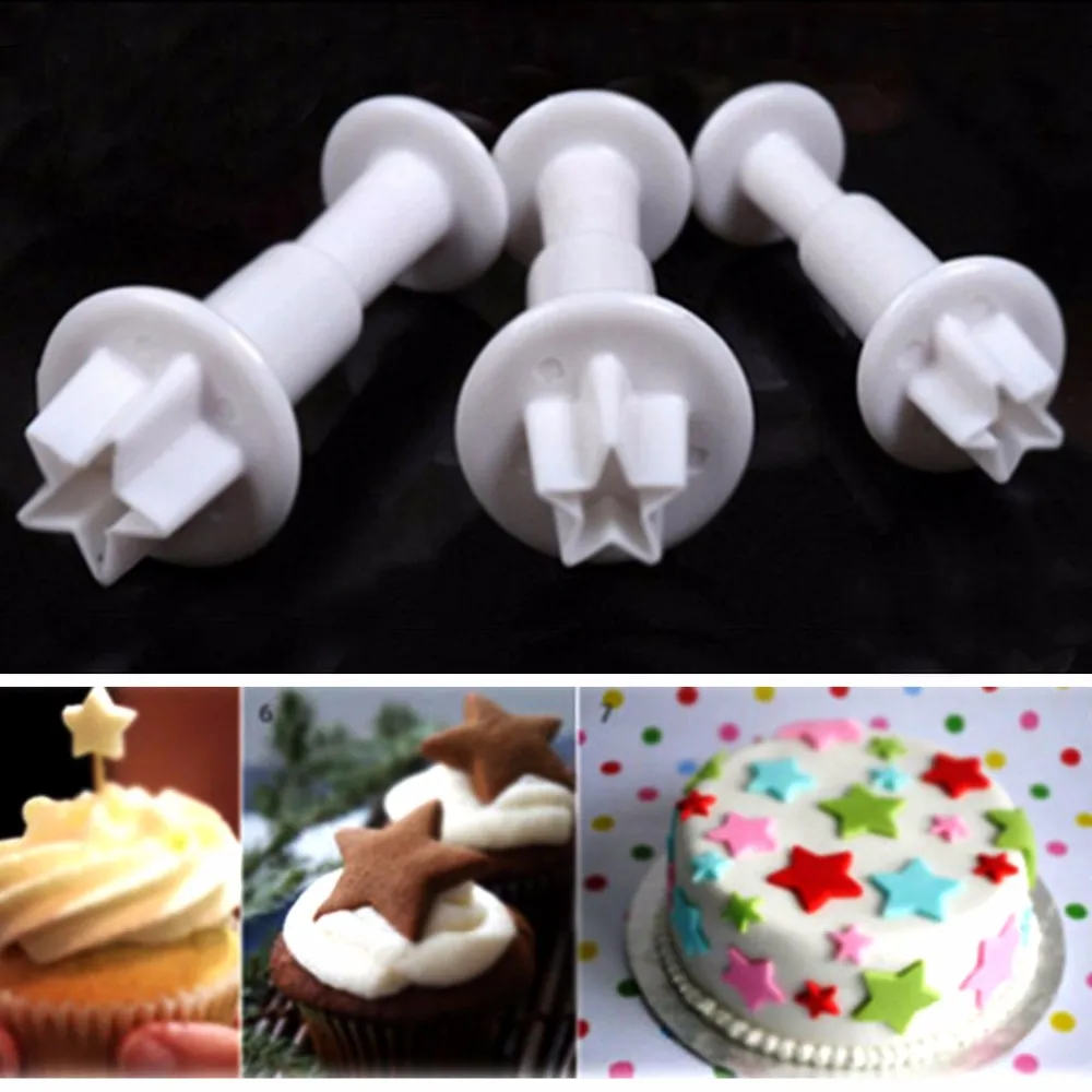 

ANGRLY 3pc/set Five-Pointed Star Cake Plunger Cutter Mold Sugacraft Fondant Cake Decorating DIY Tools Fondant Plunger Candy Box