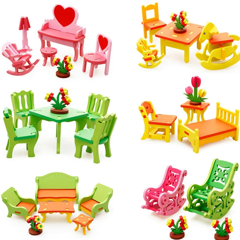

New Kids Children DIY Educational Toy Wooden 3D Assembly Puzzle Home Table Chair Dresser Toys Model High Quality 1 Set