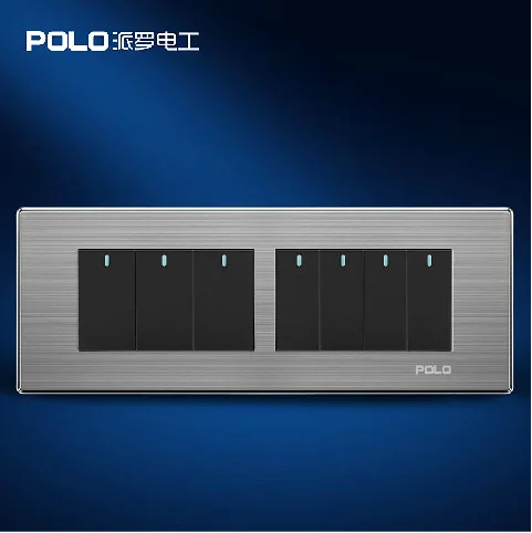 

Free Shipping, POLO Luxury Wall Light Switch Panel, 7 Gang 2 Way, Champagne/Black, Push Button LED Switch, 10A, 110~250V, 220V