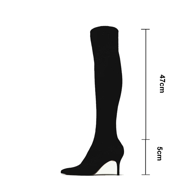 Эластичный вязаный носок сапоги осень Для женщин тонкую ногу обувь на высоком каблуке сапоги до бедра из эластичной ткани женские ботфорты WB1399