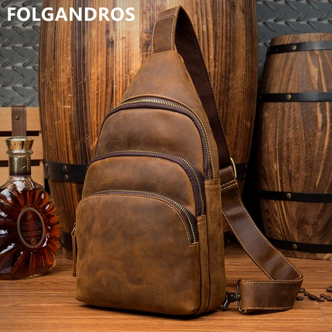 Bolsa de Peito de Couro Genuíno dos Homens de Alta Qualidade do Vintage Peito de Couro Bolsa de Ombro com Bolso de Telefone Folgandros Versátil Pacote Celular