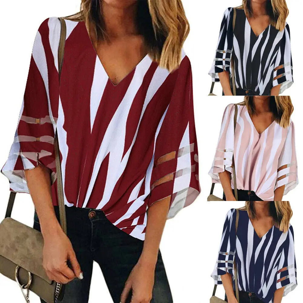 

New Summer Women Ladies Fashion Casual Summer Blouse Short Sleeve V Neck Striped Blouse Party Clubwear