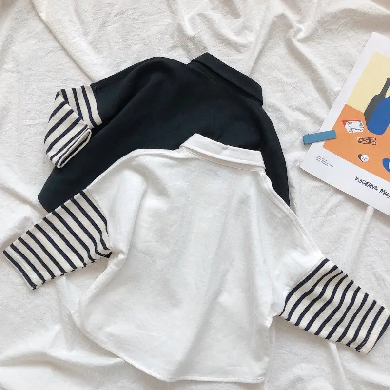 Новые осенние детские рубашки хлопковые рубашки в Корейском стиле с полосатыми рукавами для маленьких мальчиков повседневные свободные топы для мальчиков, одежда