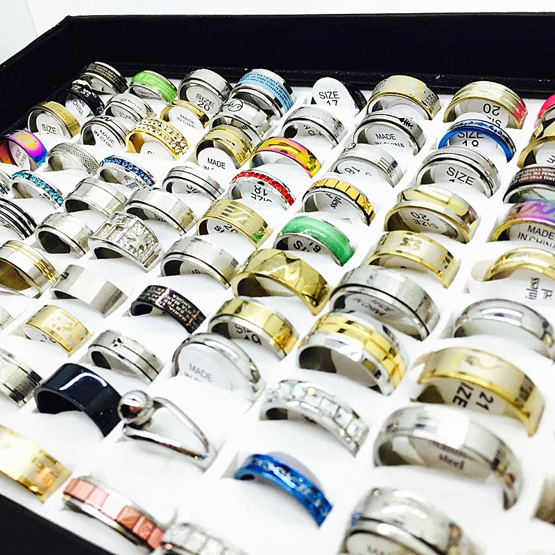 2018 wholesale lots bulk 100pcs ring set men women unisex stainless steel gold silver black mixed styles fashion rings jewelry