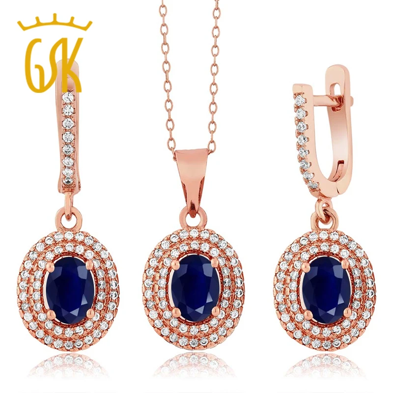 

GemStoneKing 4.69 Ct Natural Blue Sapphire Women's Jewelry Set 925 Rose Gold Plated Silver Pendant Earrings Set