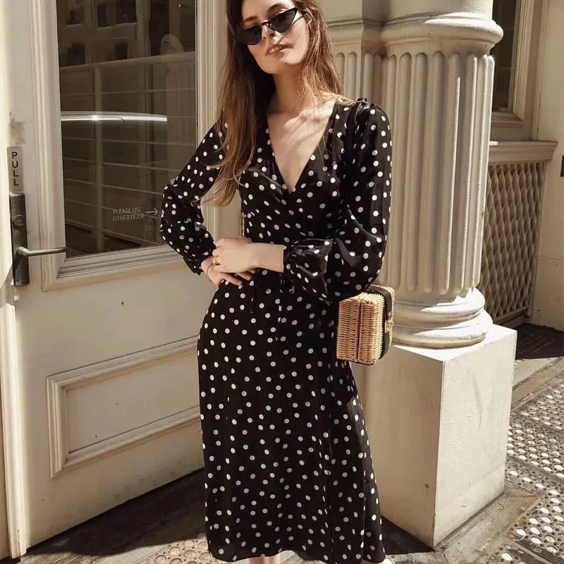 

Sexy Deep V Ladies Wrap Dress Black White Polka Dot Vintage Women Dress Midi Robe Spring Long Sleeve Chiffon Dress For Women