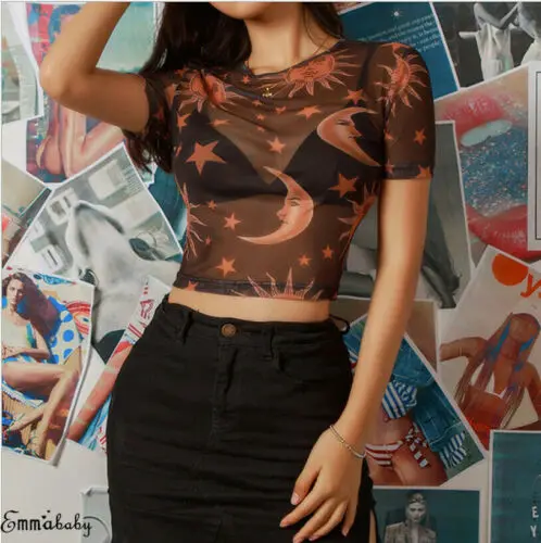 

Woman See-Through Transparent Mesh Croped Tops Sun Star Moon Printed Woman Short Sleeve Sheer Slim Ladies Classical T-Shirt