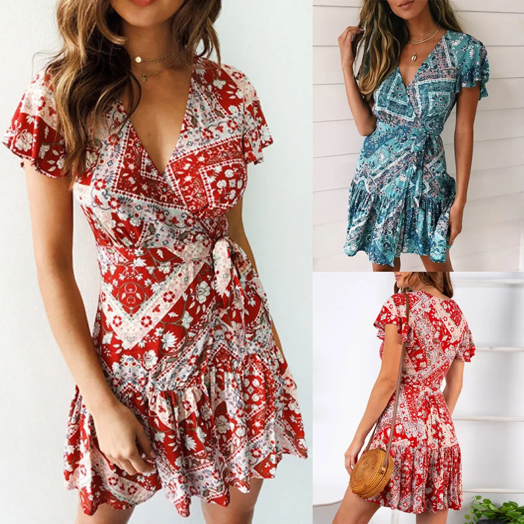 

Hot Sale Women Bohemian Print Dress Holiday Beach Mini Bandage Dress Ladies Floral Ruffled V-Neck Party Above Knee Dress #C