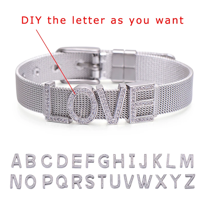 Pipitree Customize Name Stainless Steel DIY CZ Zircon Letter Bracelets Adjustable Buckle Charm Bracelet Bangle Women Men Jewelry