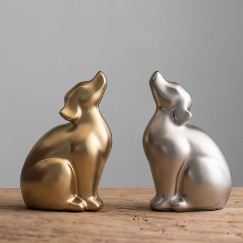 creative handmade ceramic gold silver dog statue home decor crafts room