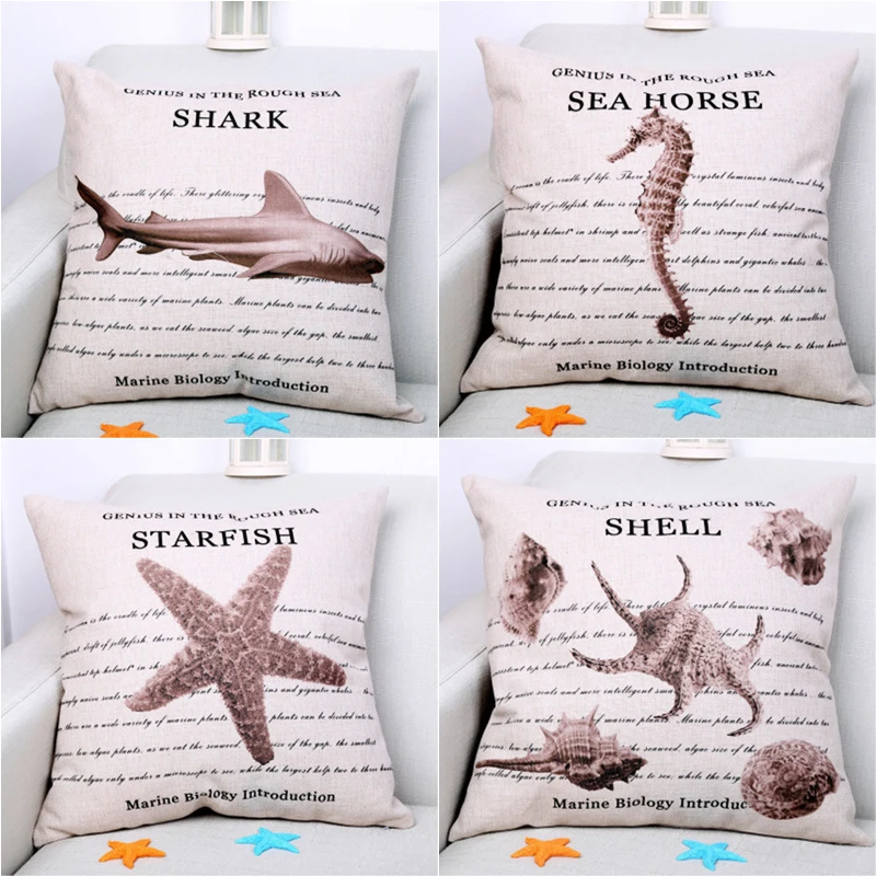 

New Mediterranean Style Cushion Cover Starfish Sea Turtle Coral Throw Pillow Cover Cotton Linen Decorative Pillowcases for Sofa