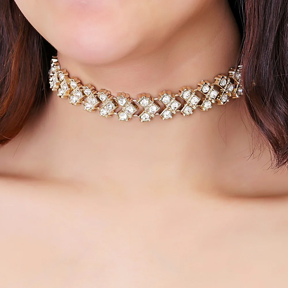 

2016 Mutli Rhinestone Strip Fish Bone Shape Choker Necklace Gold Ladies Chains Necklaces Trendy Statement Jewelry Women Collier