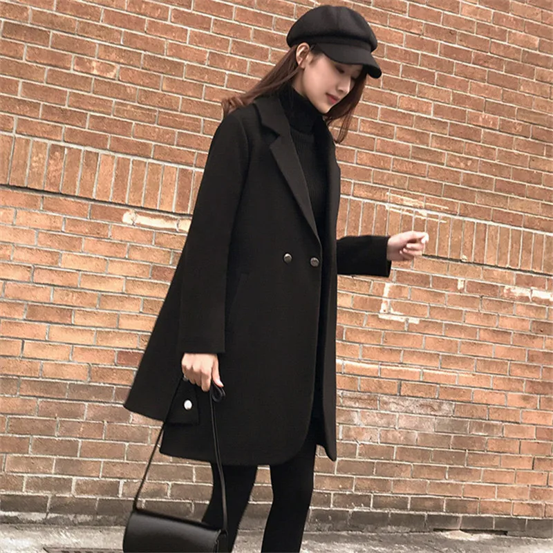 Manteau Élégantes Style 2018 Long Laine Vintage Noir Femmes Coréenne Manteaux Mode D'hiver Lâche NnkwP8OX0