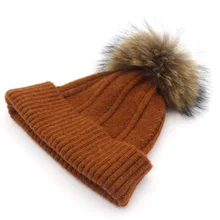 Женская зимняя шапка, теплая шапка, шерстяные головные уборы, настоящая вязаная шапка из меха енота, Вязаная Мягкая Осенняя Повседневная Лыжная Шапка Skullies, зимний аксессуар