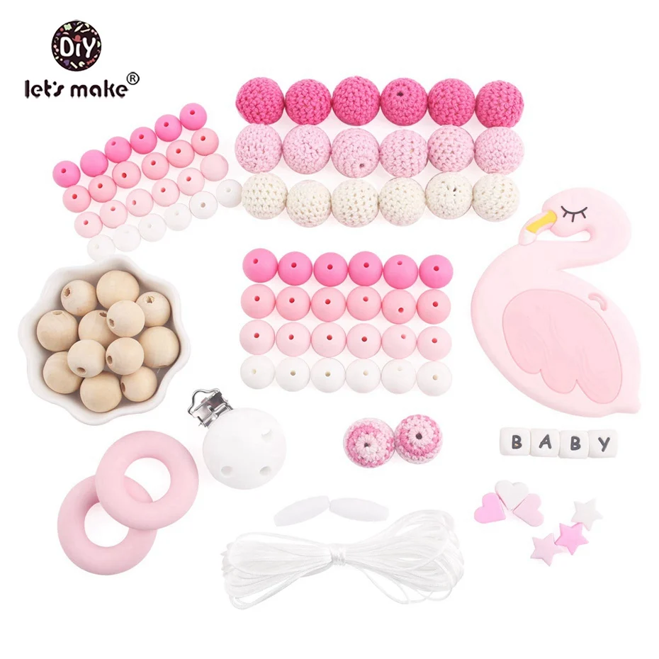 

Let's Make Silicone Flamingo Pink Series Set Girl Teething Brecelet Nursing Accessories Baby Infant Wooden Teether Nursing Charm