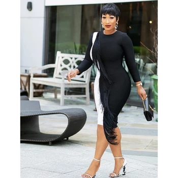 

New Fashion Women Long Sleeve Party O Neck Dress Outfit Black White Tassel Bandage Dress Winter Autumn Wedding Vestidos Wholesal