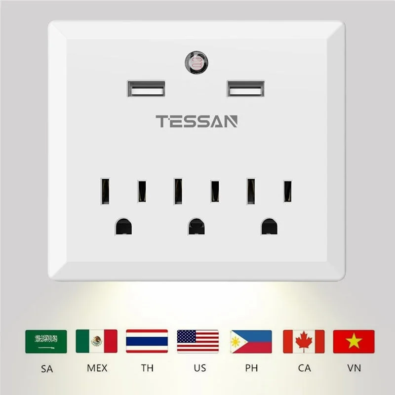 TESSAN США силовая полоса настенное крепление AC& USB розетки автоматический ночной Светильник для путешествий с американской вилкой много точек гнездо