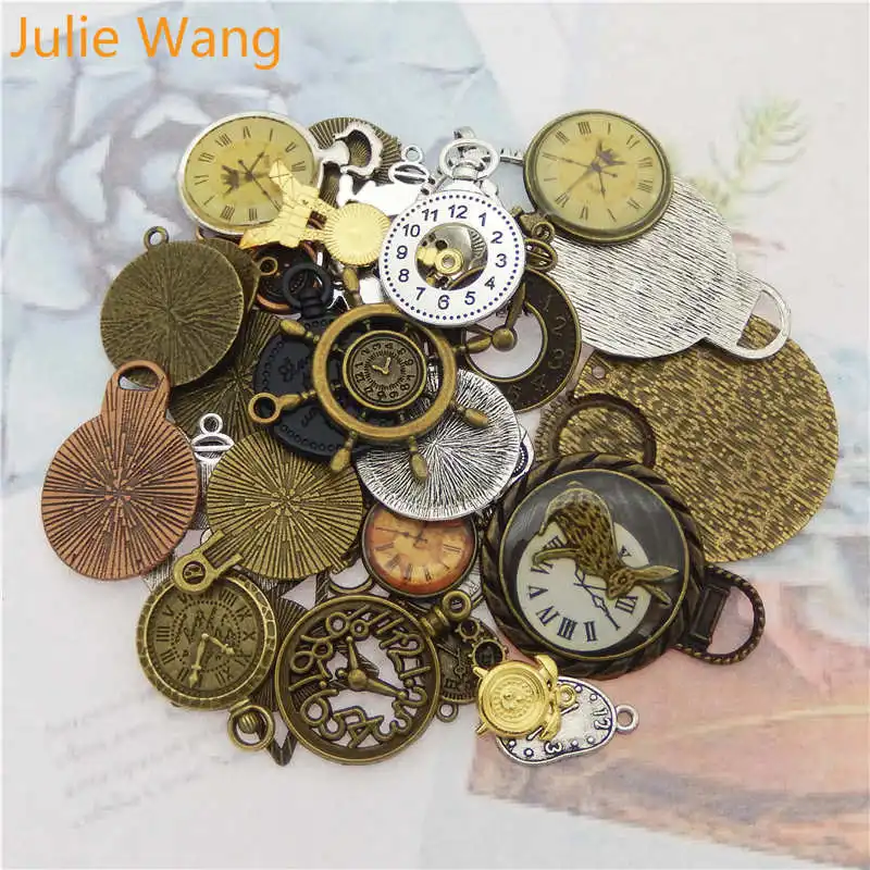 Julie Wang, 10 шт., Случайные Смешанные часы, часы, лицо, амулеты, сплав, ожерелье, подвеска, поиск ювелирных изделий, стимпанк, аксессуар