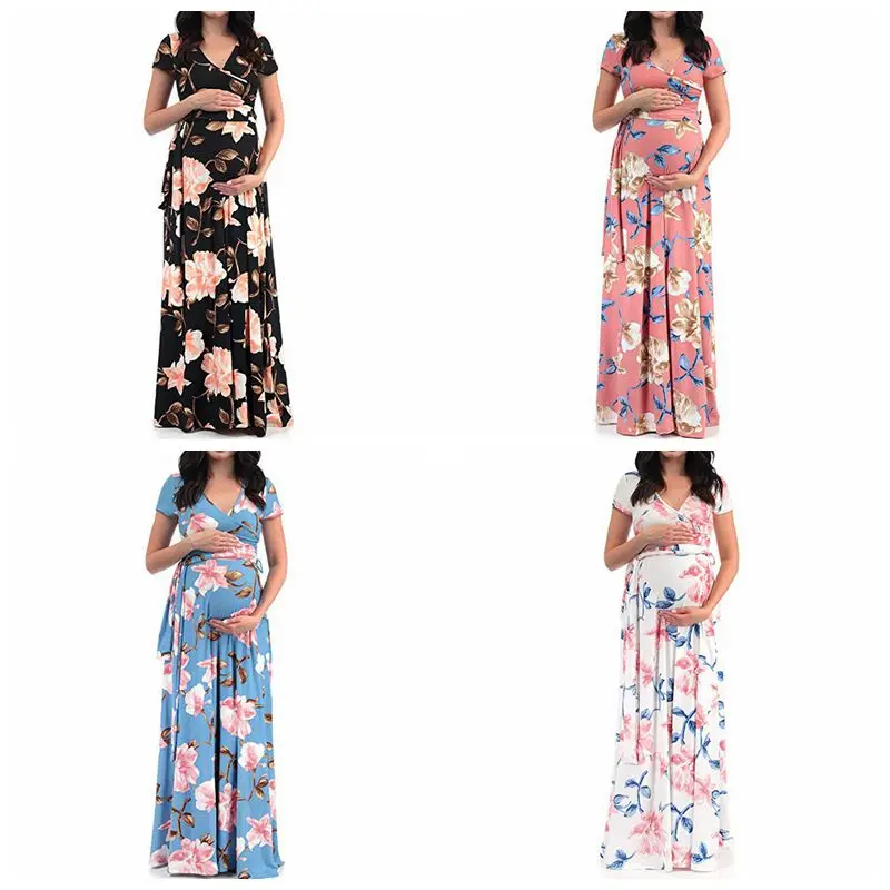 Одежда для беременных женщин, платья для беременных, новинка, v-образный вырез, короткий рукав, с принтом, длинное платье для беременных, модное, размера плюс, Пляжное Платье