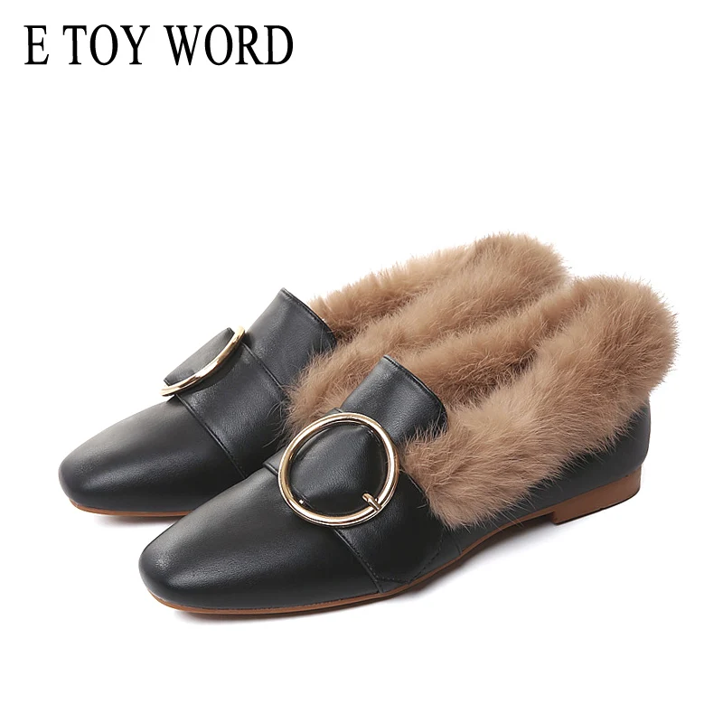 

E TOY WORD women's loafers Mules Fur Women Shoes Rabbit Fur Flats platform Fluffy Comfortable Winter Warm Women's Moccasins