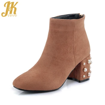 

JK Brand Designer Pearl Ankle Boots Sexy High Heel Women's Winter Boots Back Zipper Shoes Woman Square Toe Female Shoes 2018
