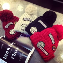 Модная вязаная шапка с вышитым помпоном, женская шапка,, Осень-зима, Новое поступление, горячая Толстая теплая Женская Повседневная шапка