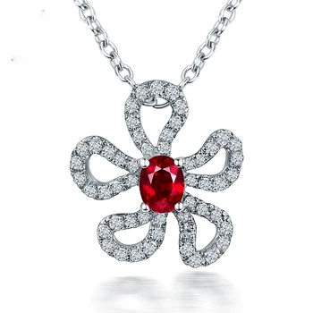 

Natural Red Ruby Pendant Necklace 14K White Gold Good Diamond Flower Shape for Women Fine Jewelry