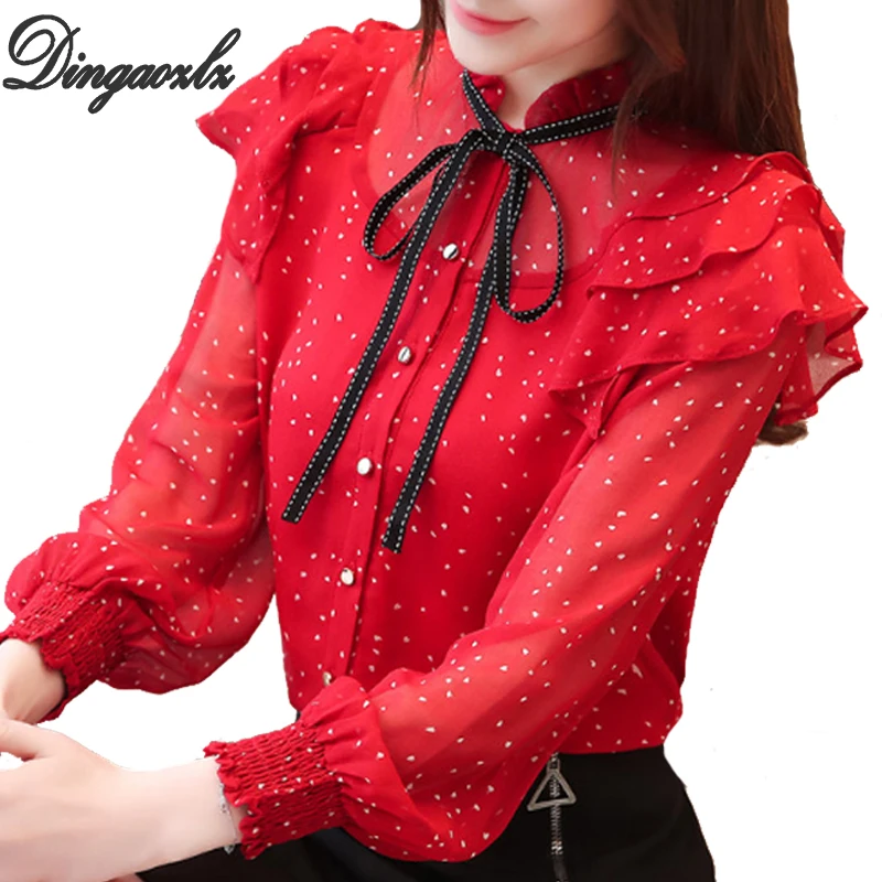 Dingaozlz Весенняя женская рубашка, корейская модная одежда, шифоновая блузка с галстуком-бабочкой, элегантные топы с оборками и принтом, OL рубашка