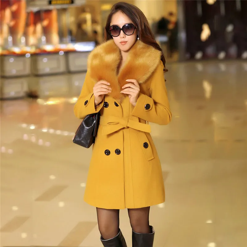 Зимнее женское пальто, новое тонкое пальто с большим меховым воротником, двубортное шерстяное пальто, теплая смешанная хлопковая верхняя одежда, большие размеры 825359