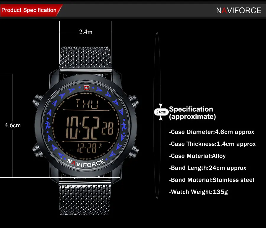 NAVIFORCE Лидирующий бренд мужские спортивные часы модные мужские цифровые часы Шагомер наручные часы стальной сетчатый ремешок часы Relogio Masculino