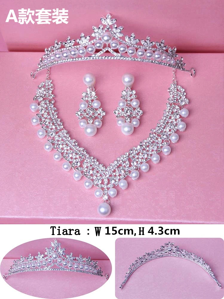  Bead Glamorous Multi Rhinestones Inserted Wedding Necklace, Tiara Headband and Earrings Jewelry Set Size (6)
