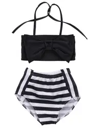 Лидер продаж, летний комплект бикини из 2 предметов с бантиком для маленьких девочек, пляжная одежда с высокой талией, черный полосатый