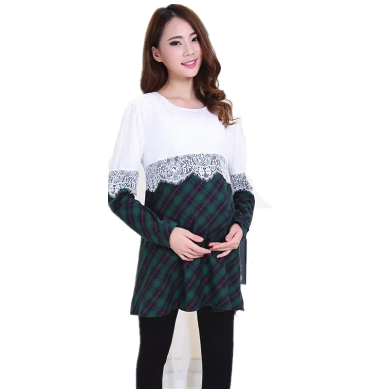 

2018 Spring Autumn Maternity T-Shirt for Pregnant Women Clothing Long Sleeve With Lace Clothes Three Size B0166