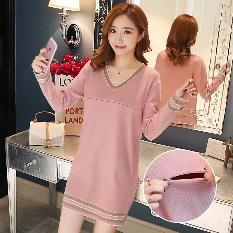 

Fashion pregnant women dress Long sleeved loose long breastfeeding dress knit long sleeve feeding clothes Cotton soft outdoor