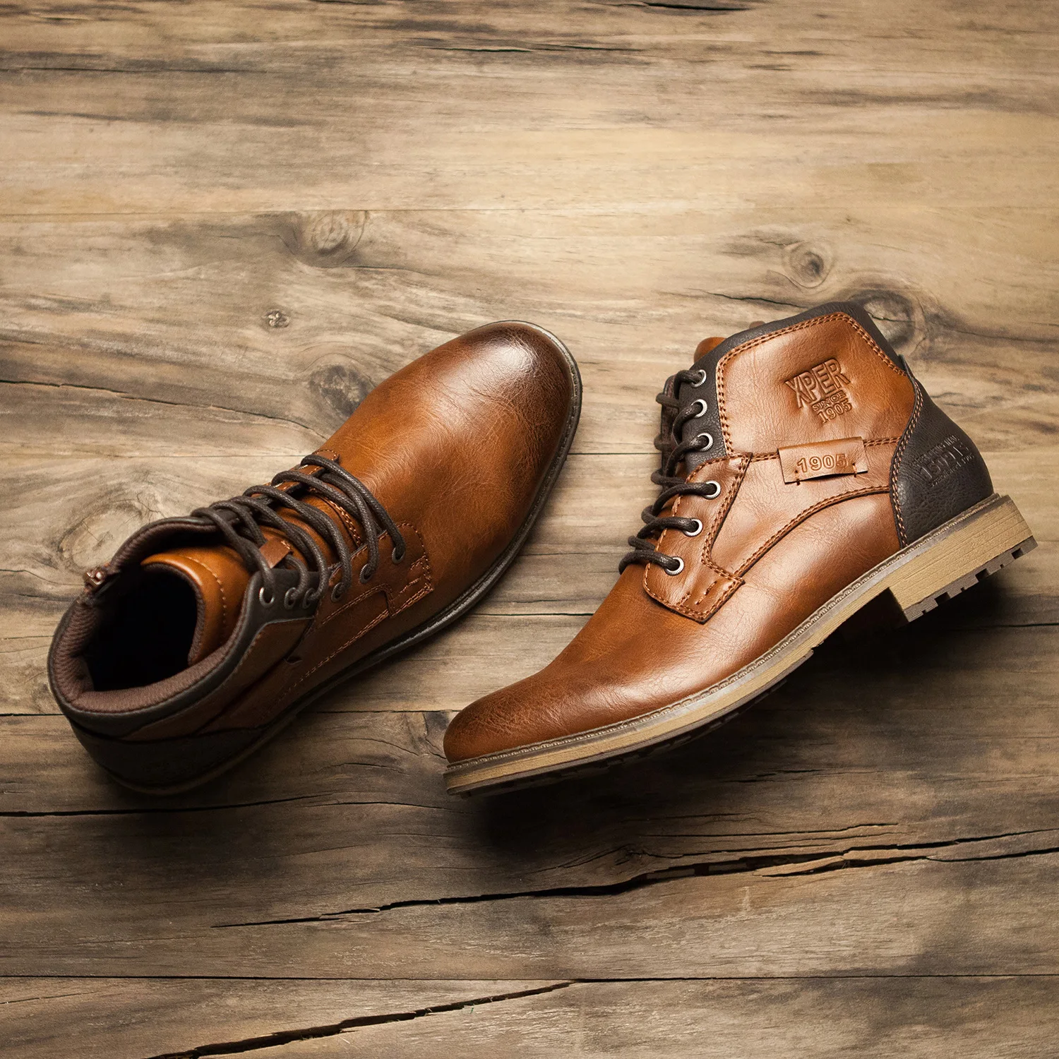 XPER Mens Shoes Motorcycle Combat Boots Brown Fashion Lace up Ankle Winter Boots Casual Dress Shoes for Men