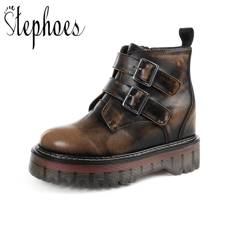 

Stephoes Women Height Increasing Ankle Boots Genuine Leather Metal Fashion Short Boots Ladies Wedges Winter Warm Snow Boots