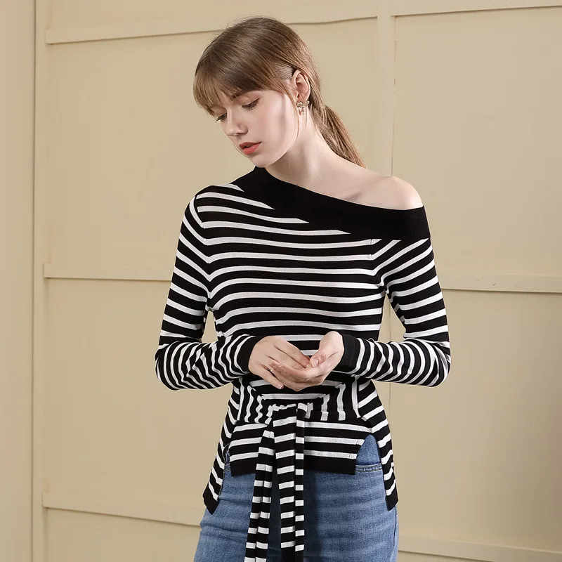 Striped one off shoulder elastic knit pullovers sweater shirts 2018 new long sleeve women autumn sweater