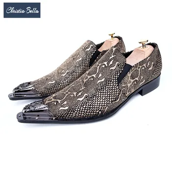 

Christia Bella Italian Fashion Snakeskin Printing Men Dress Shoes Business Genuine Leather Brown Wedding Formal Shoes Large Size