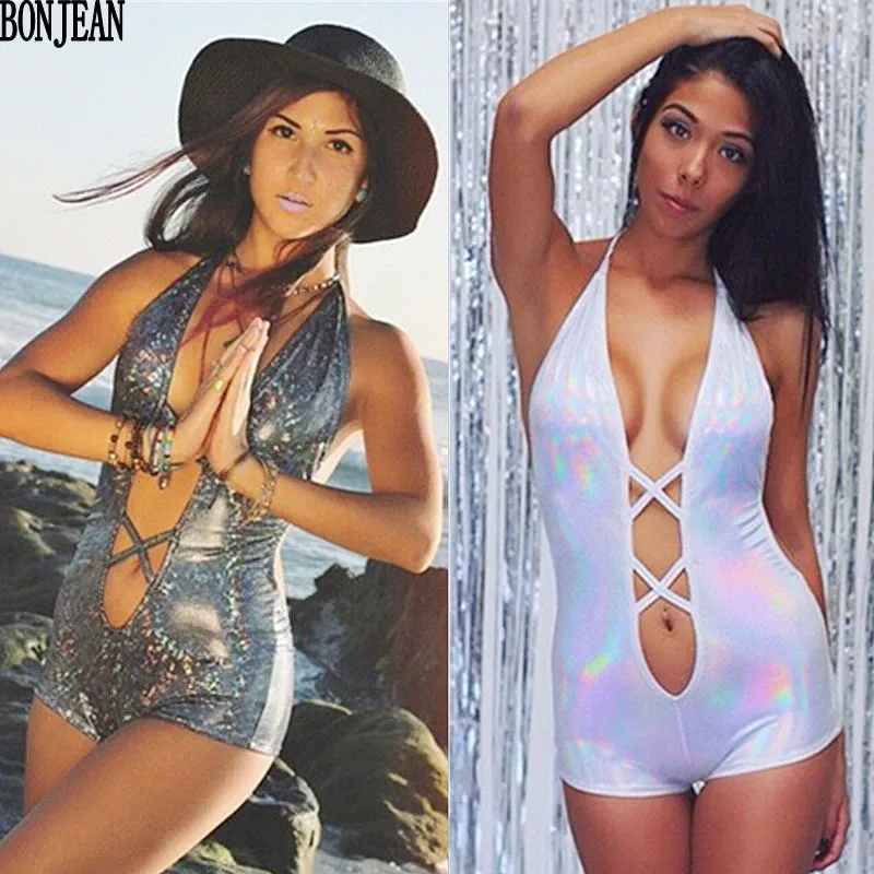 

2019 Europe and the United States explosions colorful laser sexy one-piece swimsuit hot stamping gradient rope swimsuit