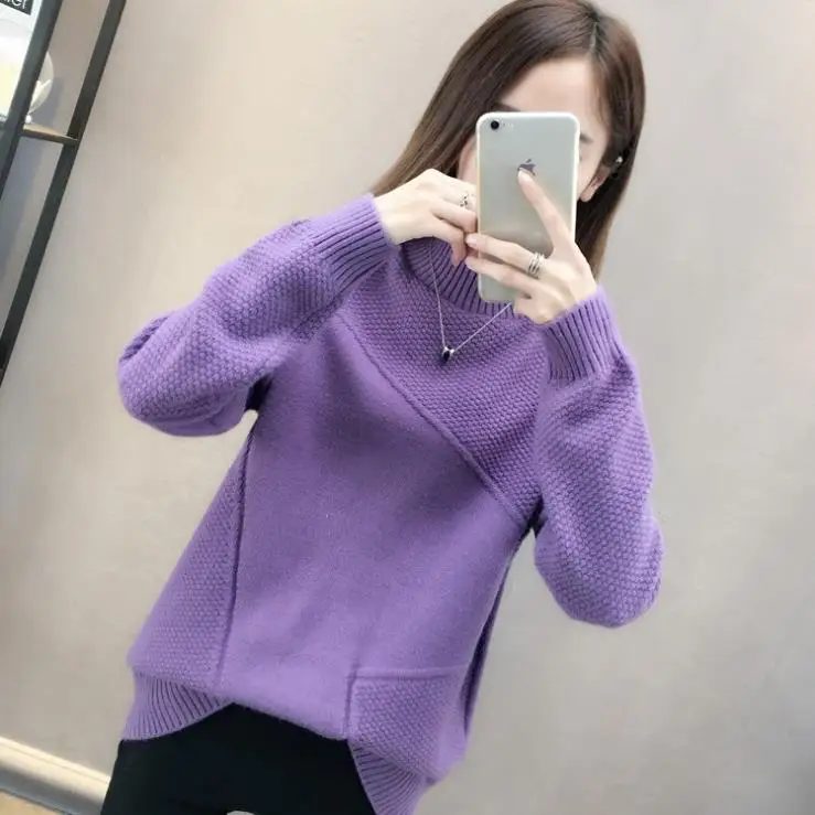 Новое поступление, зима, корейская модная одежда, Женские повседневные пуловеры, вязанные свободные топы с высоким воротом, толстый фиолетовый свитер D659 - Цвет: Purple