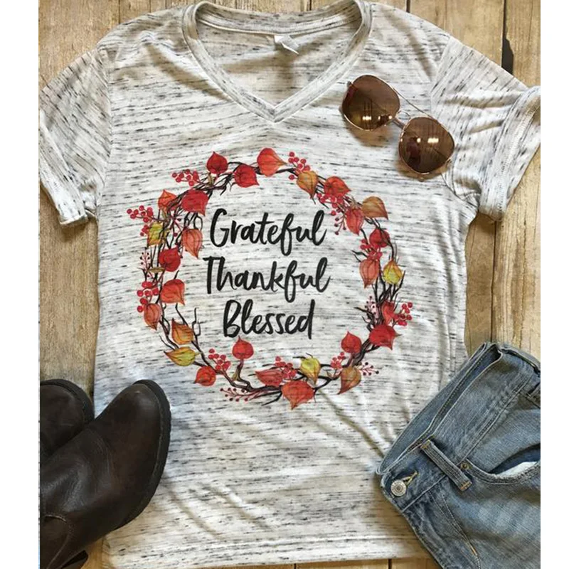 Хорошая футболка Vibes mom shirts blessed женские футболки thankful tee Топ в готическом стиле Женская мода цветочный принт на День Благодарения - Цвет: DZ002-W