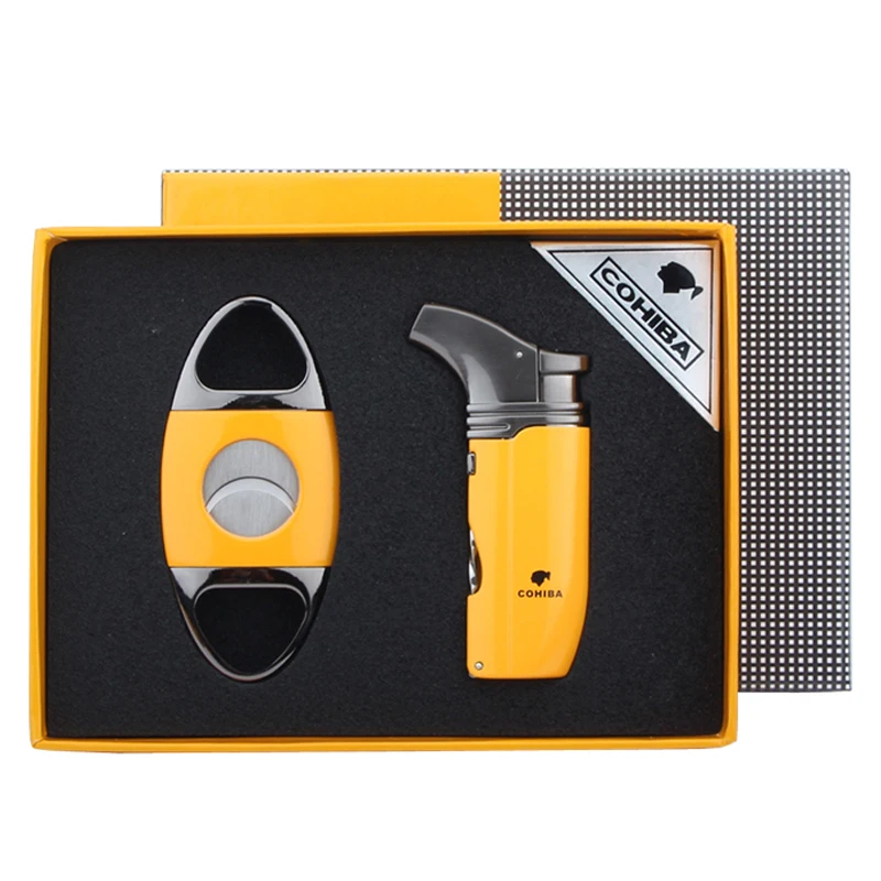 

COHIBA Gadgets Cigar Windproof Lighter 2 Jet Flame Torch Cigar Lighter Sharp Cigar Cutter Guillotine Smoking Set Gift Box