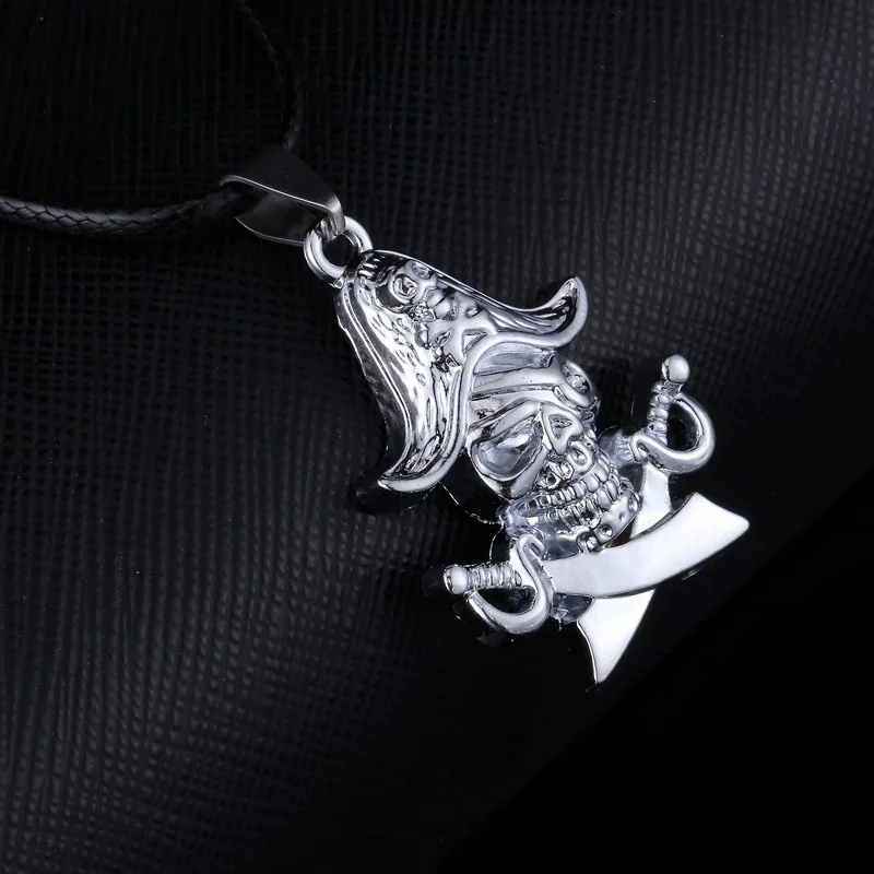 TDQUEEN Men Necklace Silver Plated Metal Black Leather Cord Pirate Pendant Rock Punk Men Skull Necklaces (2)